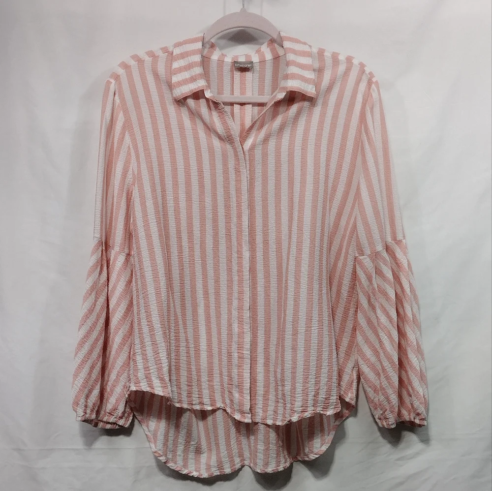 Chico's Striped Drama-Sleeve Shirt Women's L Pink White Strips Office Casual - Picture 2 of 9
